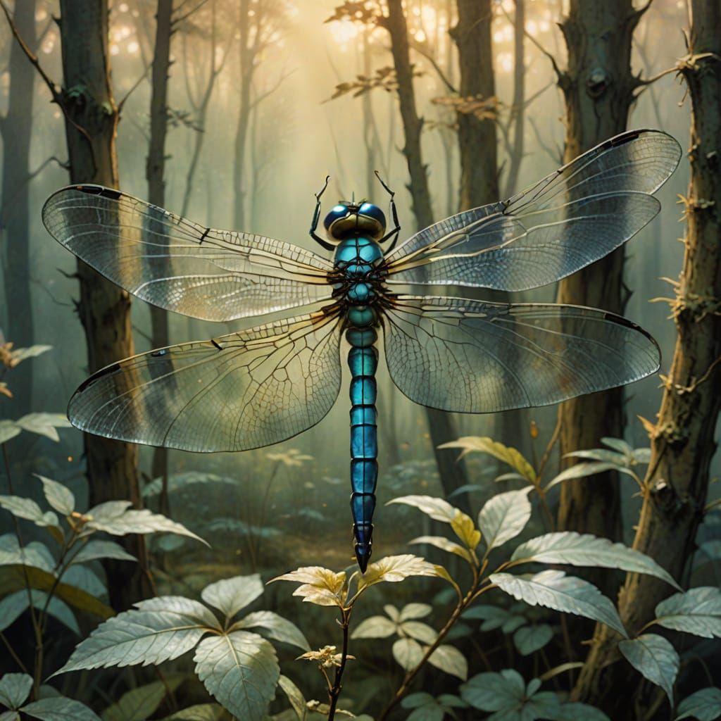 Dragonfly in Forest: Arthur Rackham-Style Watercolor