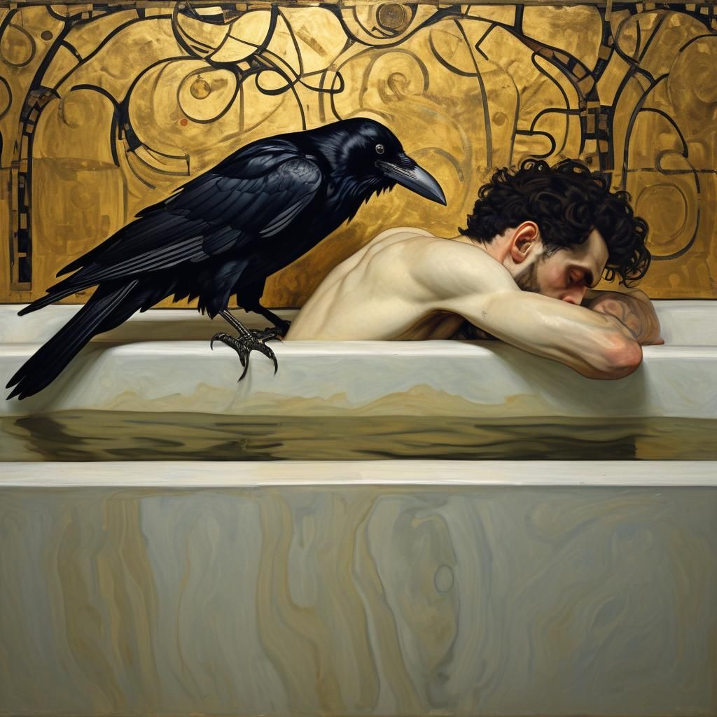 Raven and Bather in Symbolist Art Nouveau Style