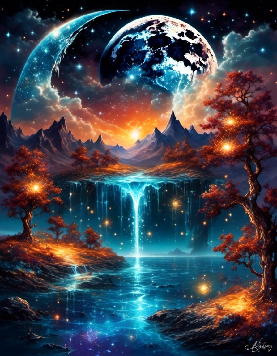 Sparkling Waterfall from Broken Moon on Crystal Planet