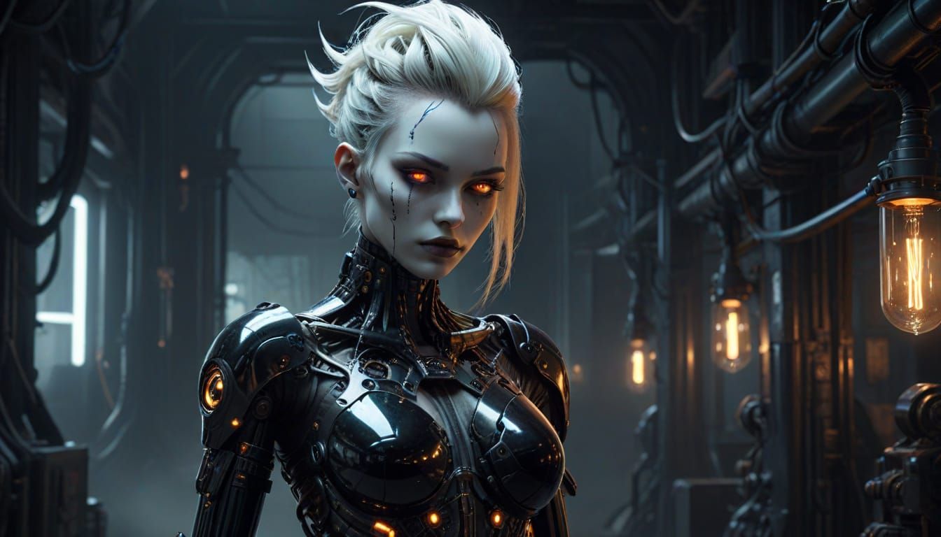 Frightening Gynoid Poses in Gothic Bio-Mech Cyberpunk Style