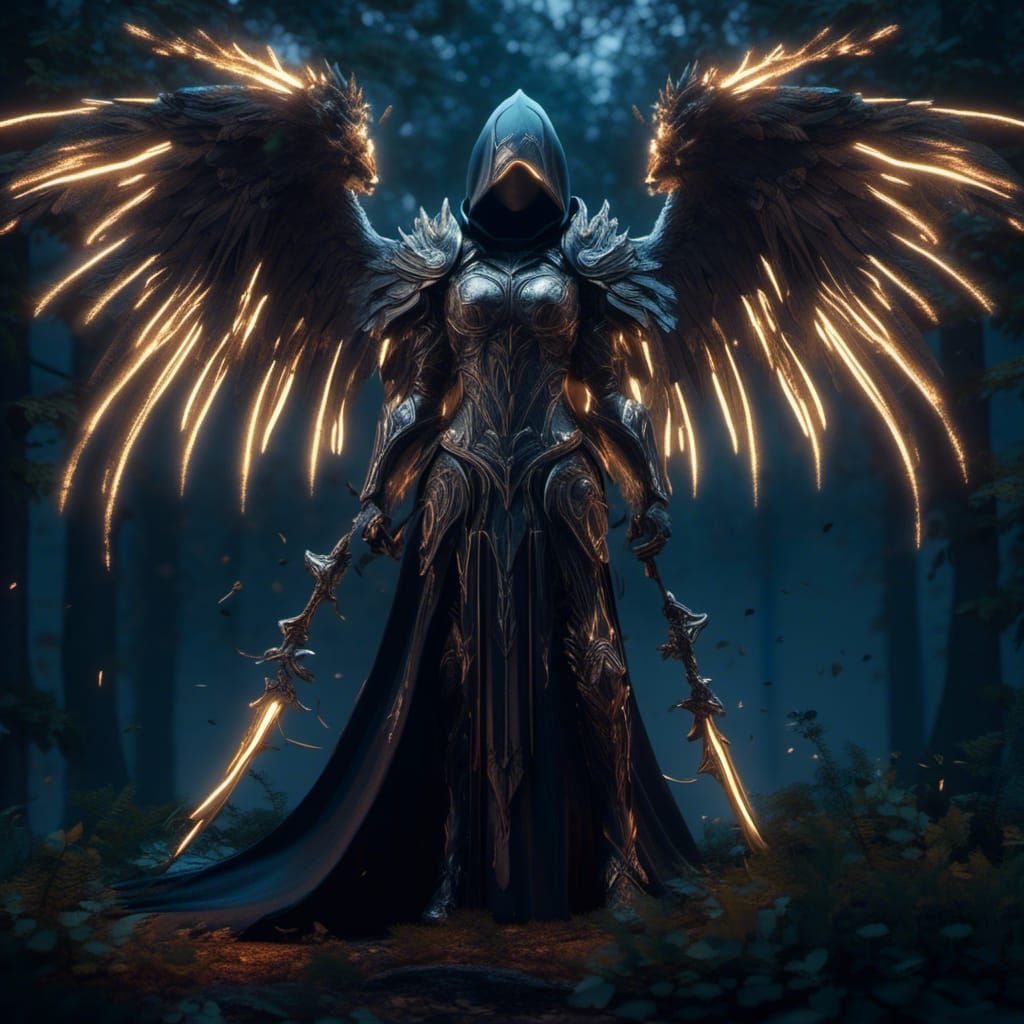 Dark Hooded Angel Tyrael in Forest at Night