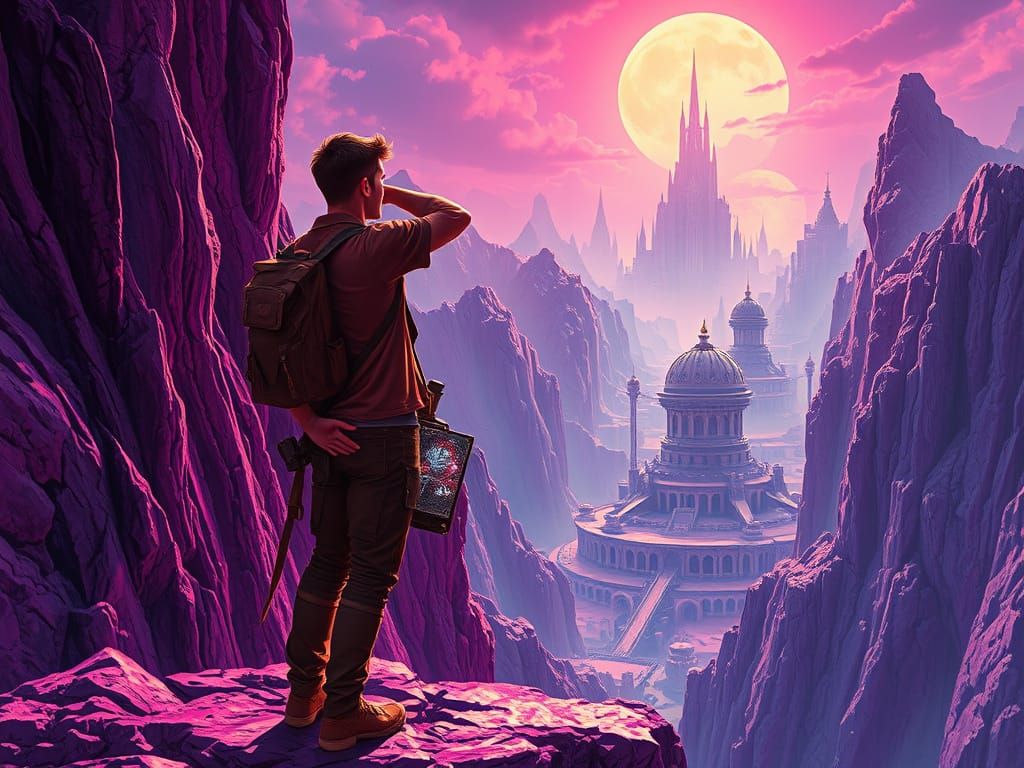 Adventurers Gaze at Parallel-Dimension City, Sci-Fi Art
