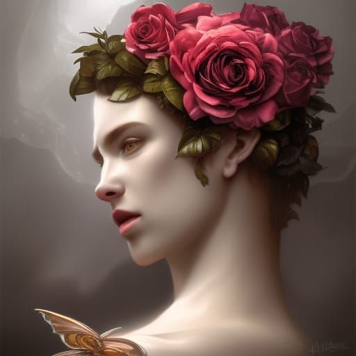 Gargoyle Portrait with Roses in Art Nouveau Style