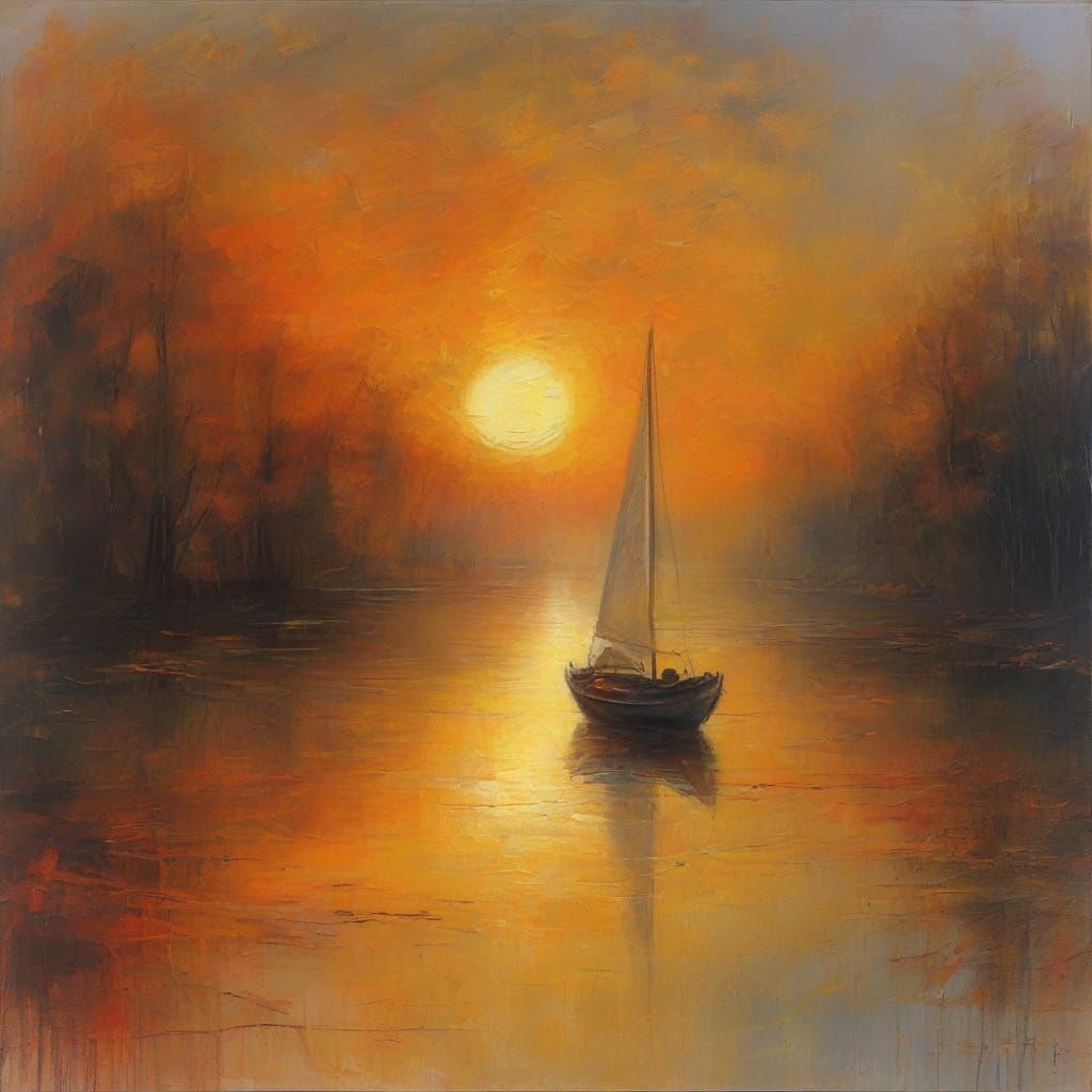 Sunset Sailboat on Autumn Lake as Impressionist Painting
