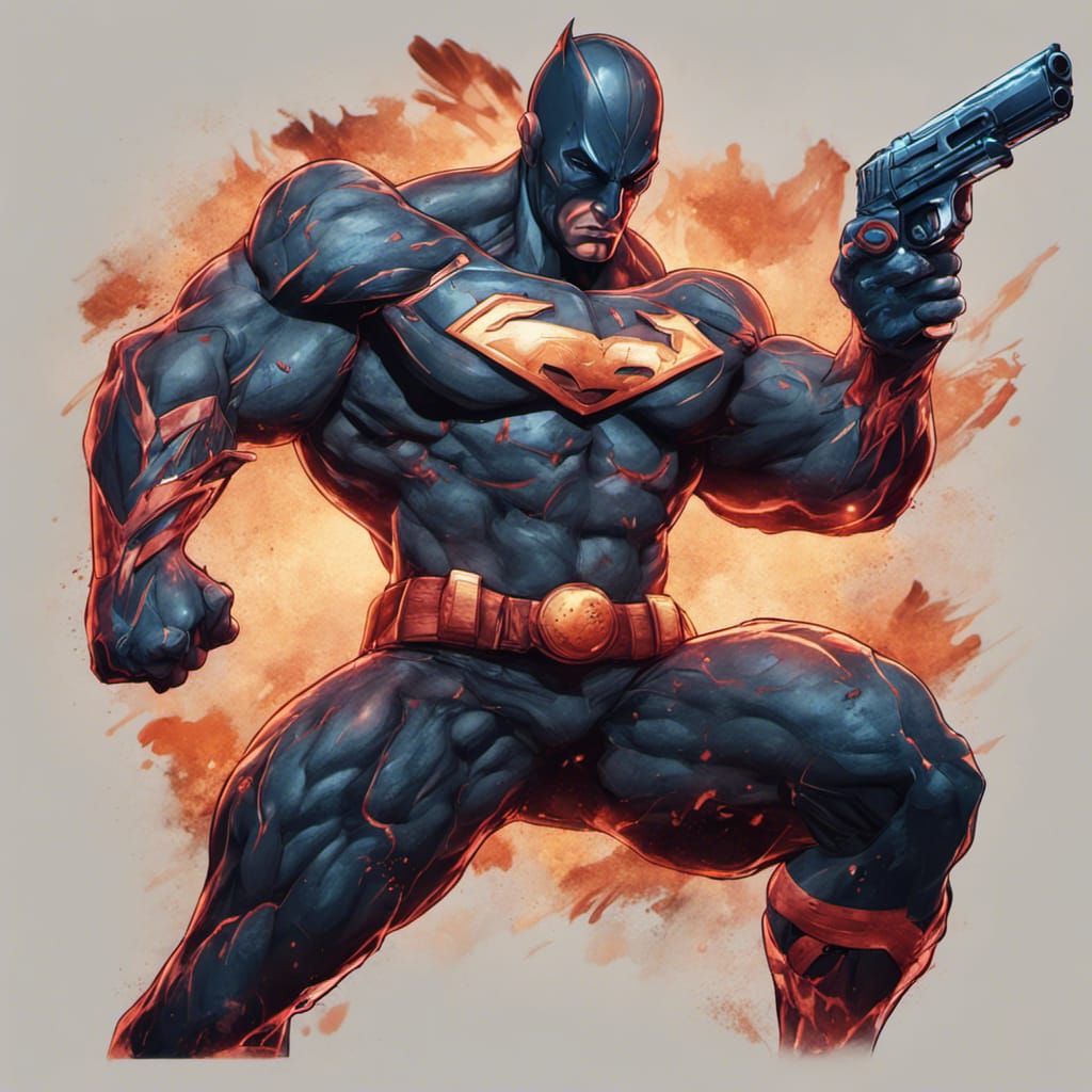 Muscular Superhero Aims Pistol: Digital Art on Artstation