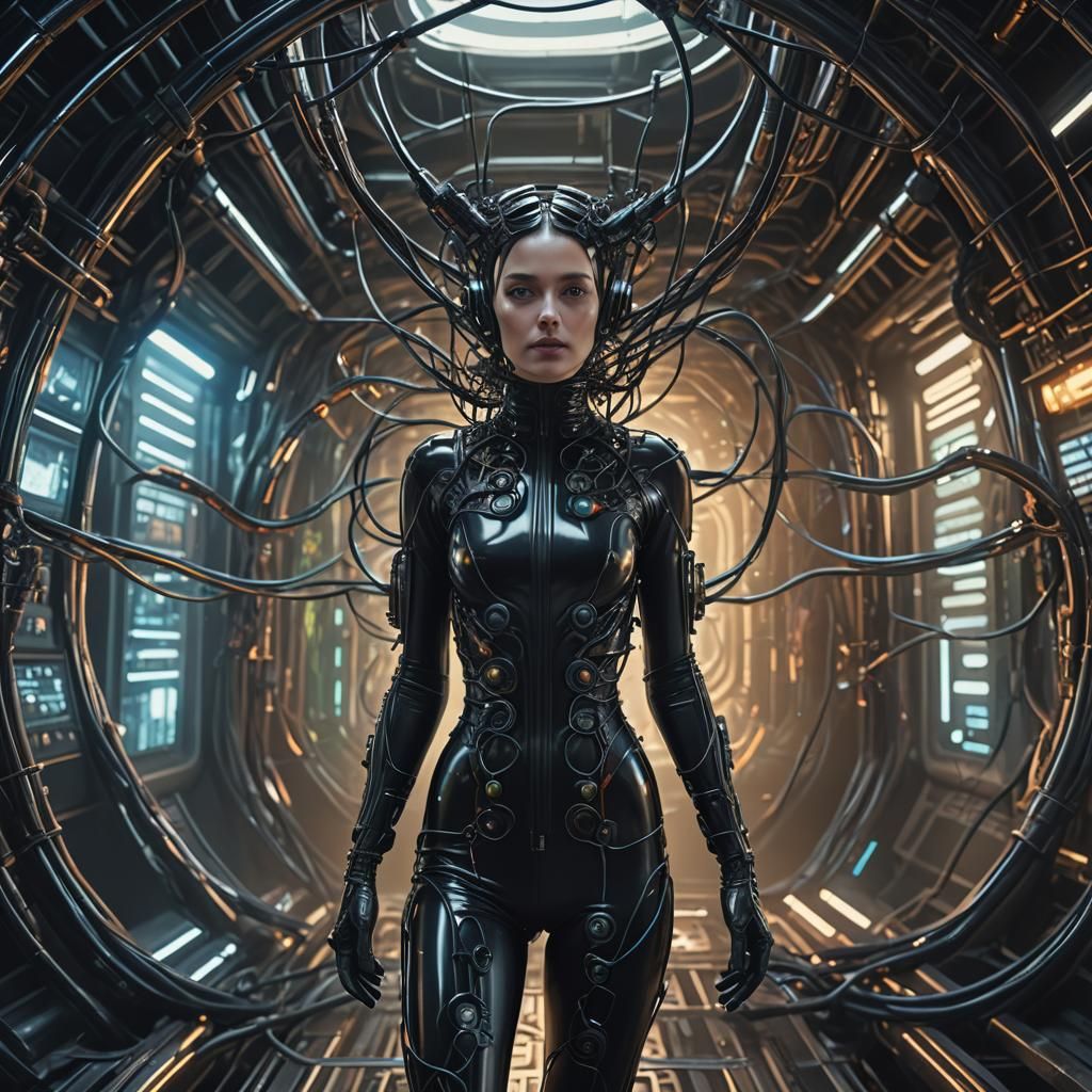 Woman in Latex Catsuit Interfaces with Alien Device