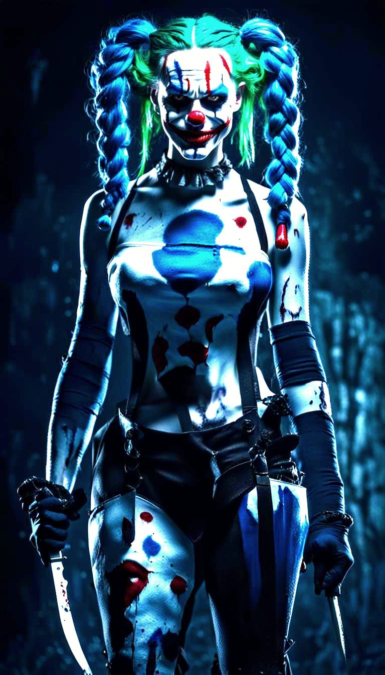 Creepy Female Joker with Knife, Dark Horror