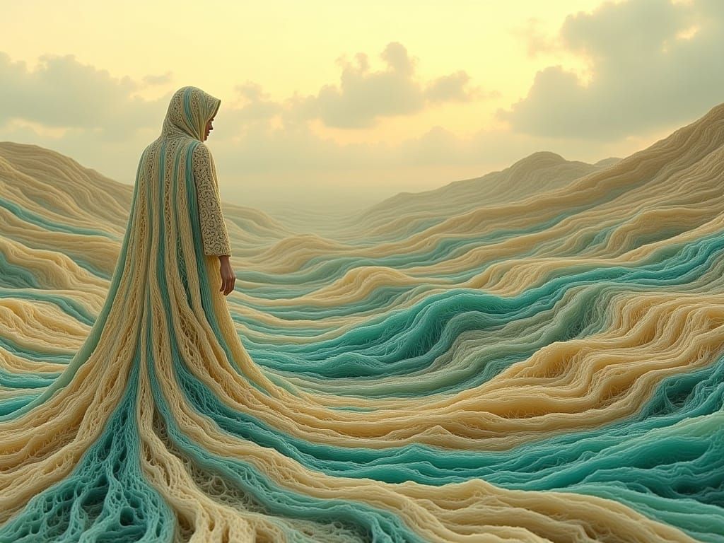 Serene Dreamlike Figure Amidst Golden Beige and Turquoise La...