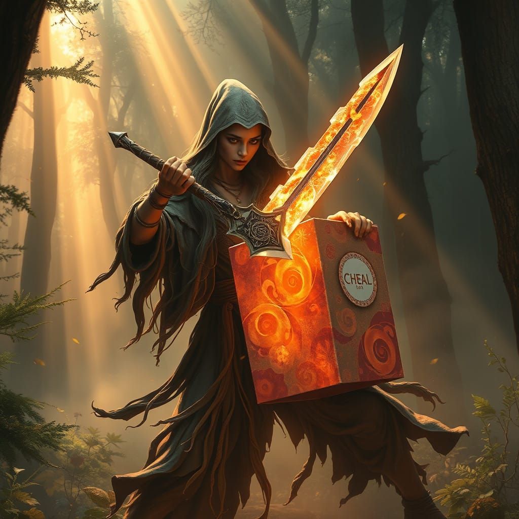 Mystical Figure Stabs Glowing Cereal Box in Ethereal Landsca...