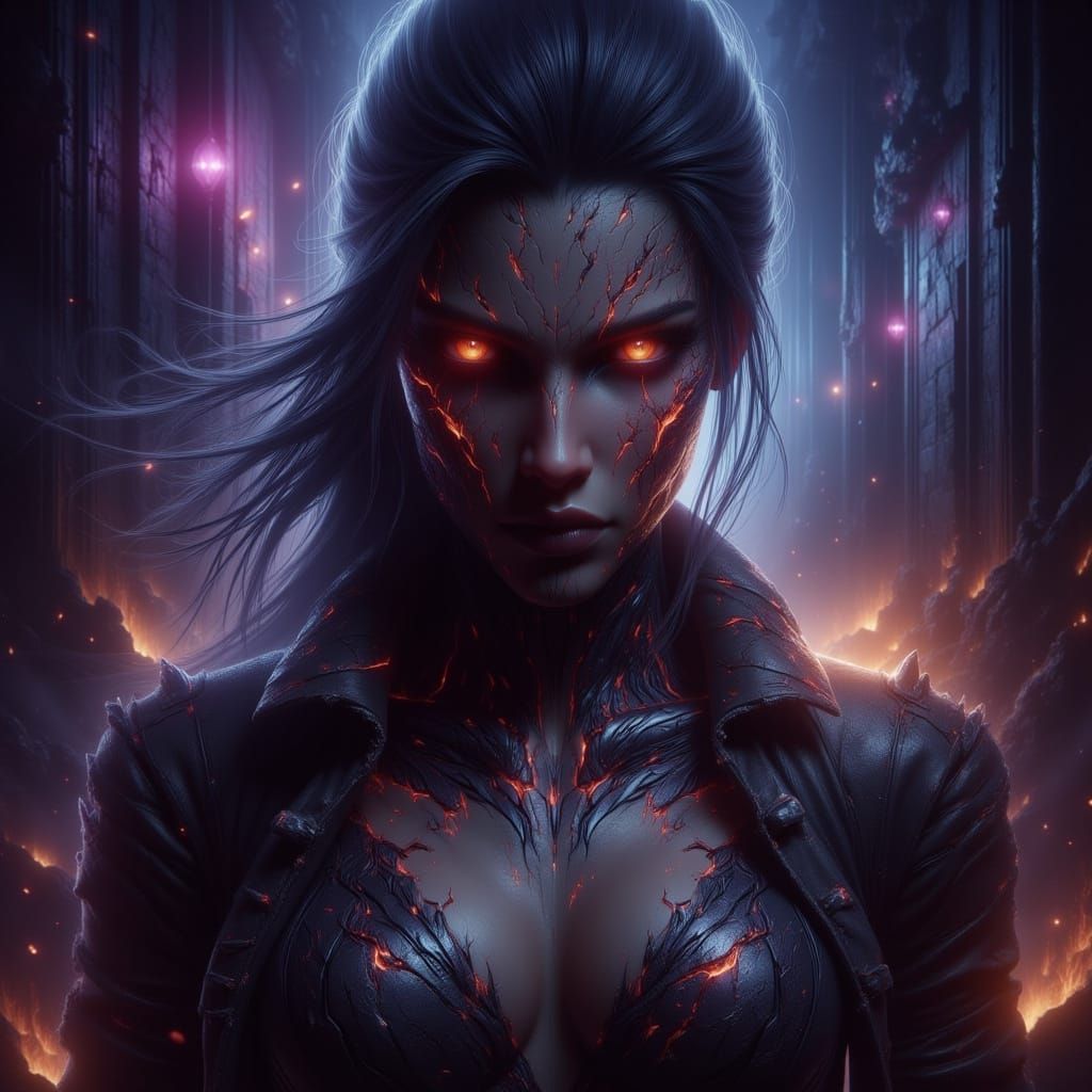 Fierce Woman Ready for Conflict in Dim Hallway