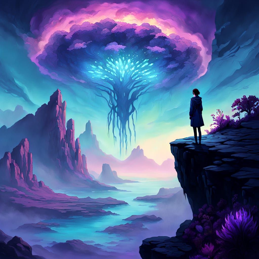 Woman Gazes at Alien Landscape in Ethereal Fantasy Style
