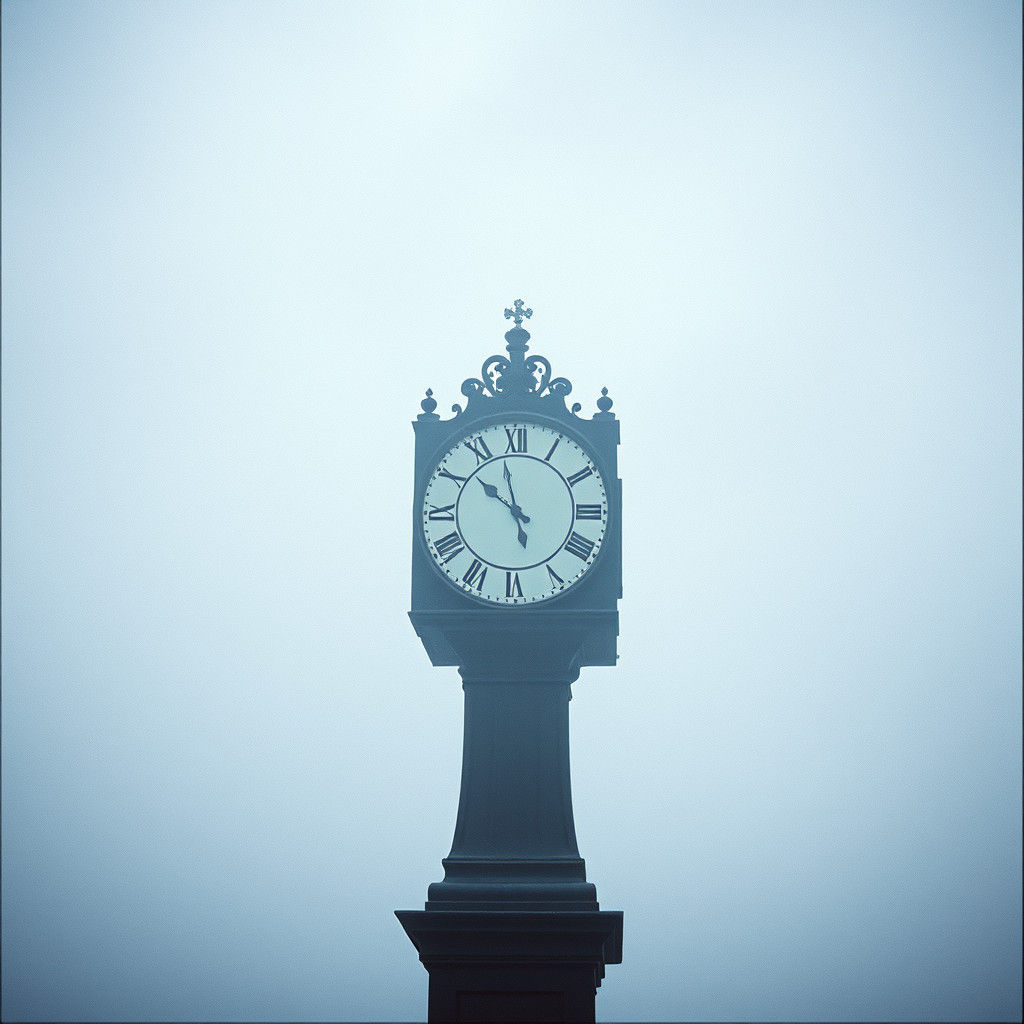 Ornate Clock Dissolving in Misty Cloudscape