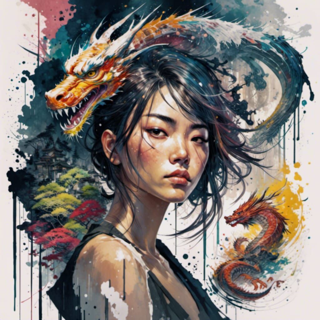 Yakuza Surrounded by Dragon: Circular Ink Vector Art