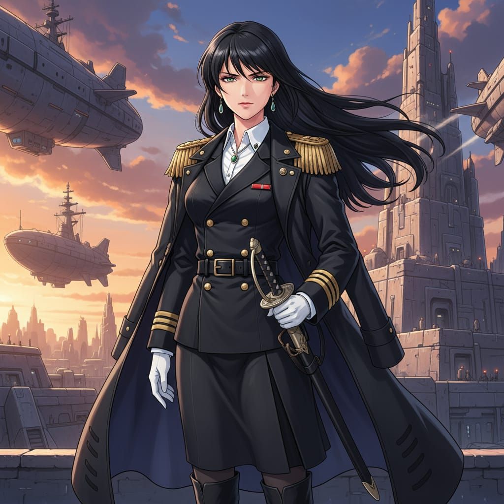 Anime Female Admiral with Sword and Black Uniform