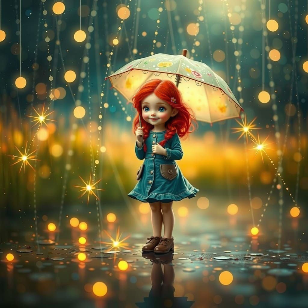 Joyful Girl Stands in Spring Rain, Surrounded by Sparkling D...