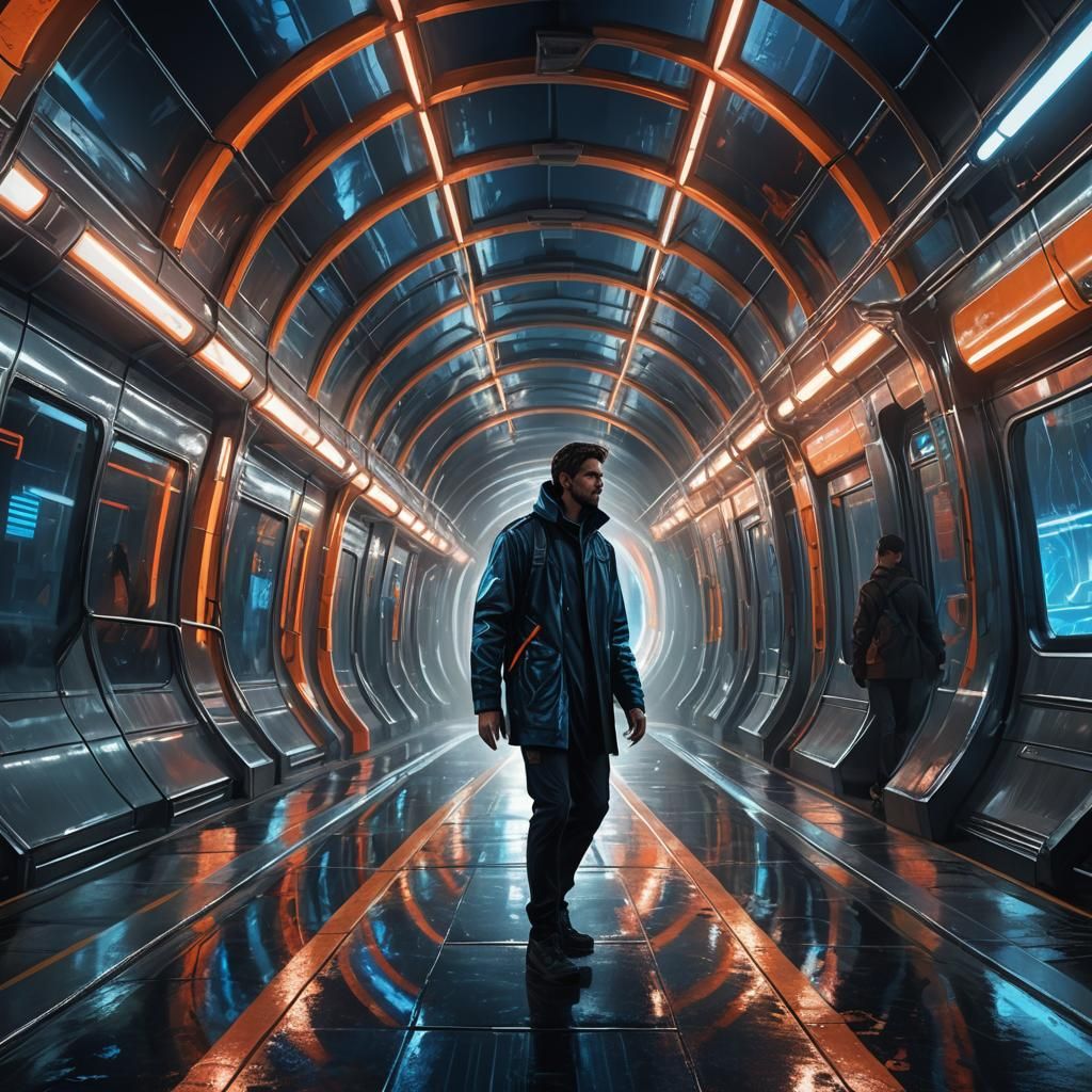 Man Rides Futuristic Metro in Dreamlike Concept Art