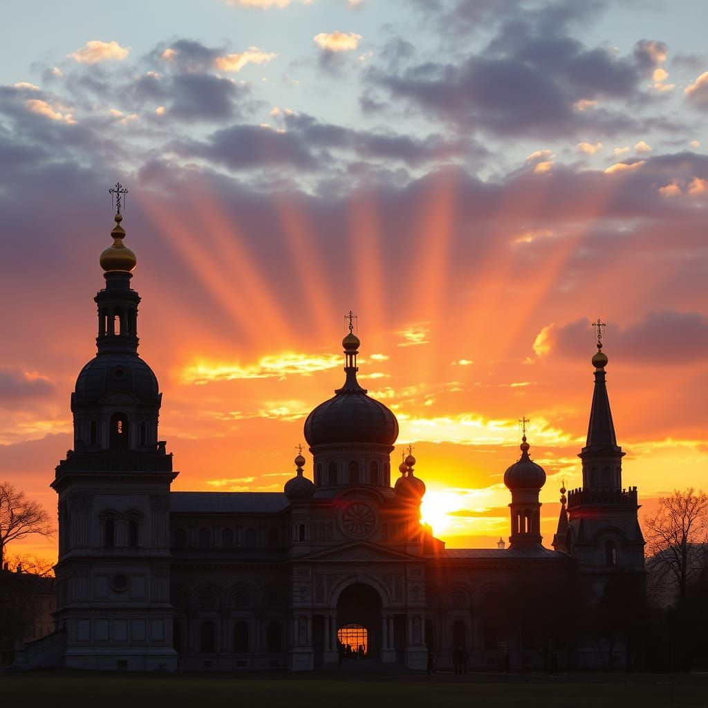 Majestic Orthodox Cathedral at Sunset in a Romantic Landscap...