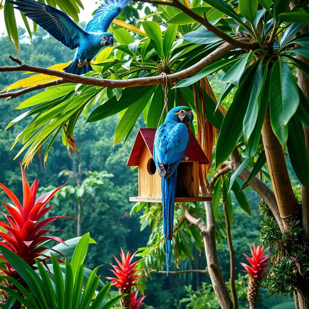 Macaw Soars Above Birdhouse in Amazon Rainforest