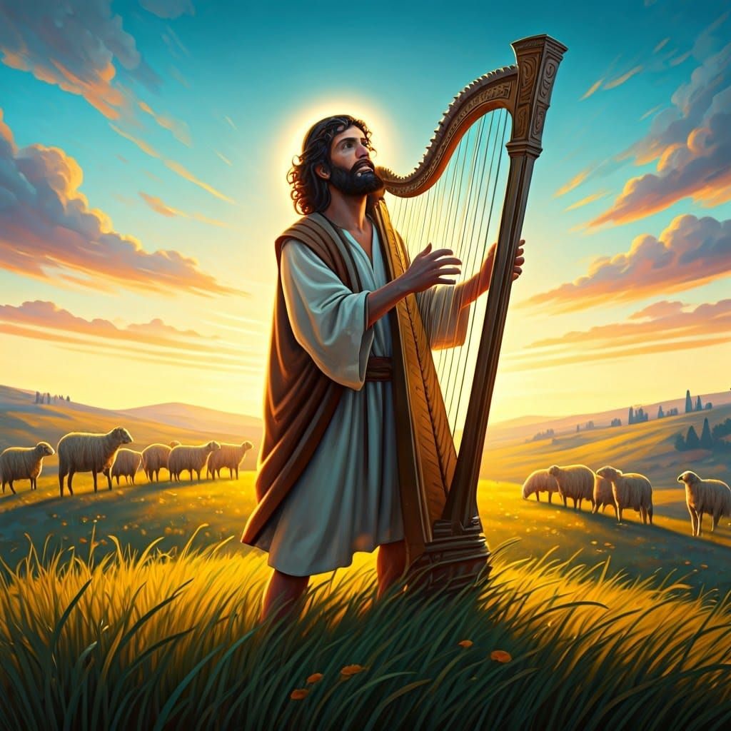 Handsome Hebrew Shepherd Plays Harp on Rolling Hill
