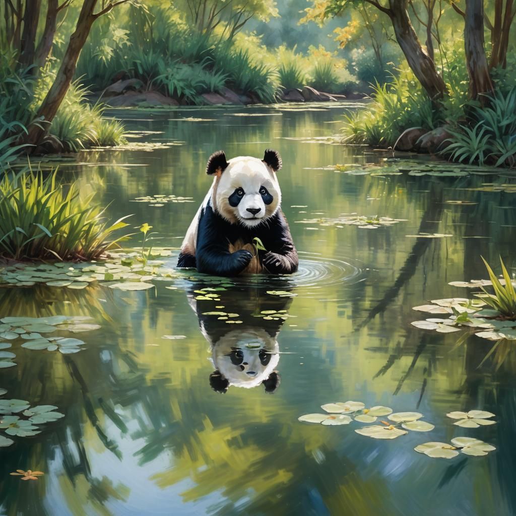 Panda at Pond in Impressionist Style