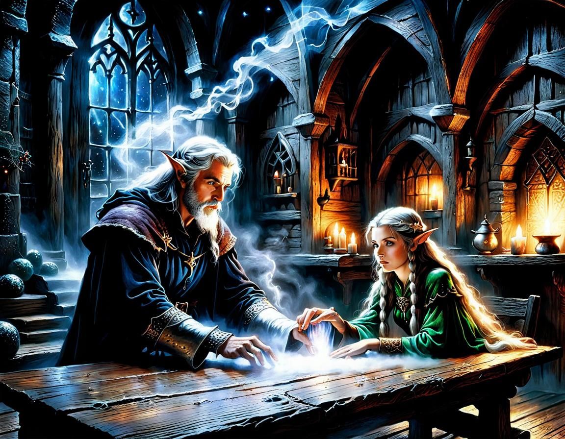 Magical Elf Rescue in Medieval Lair, by Royo