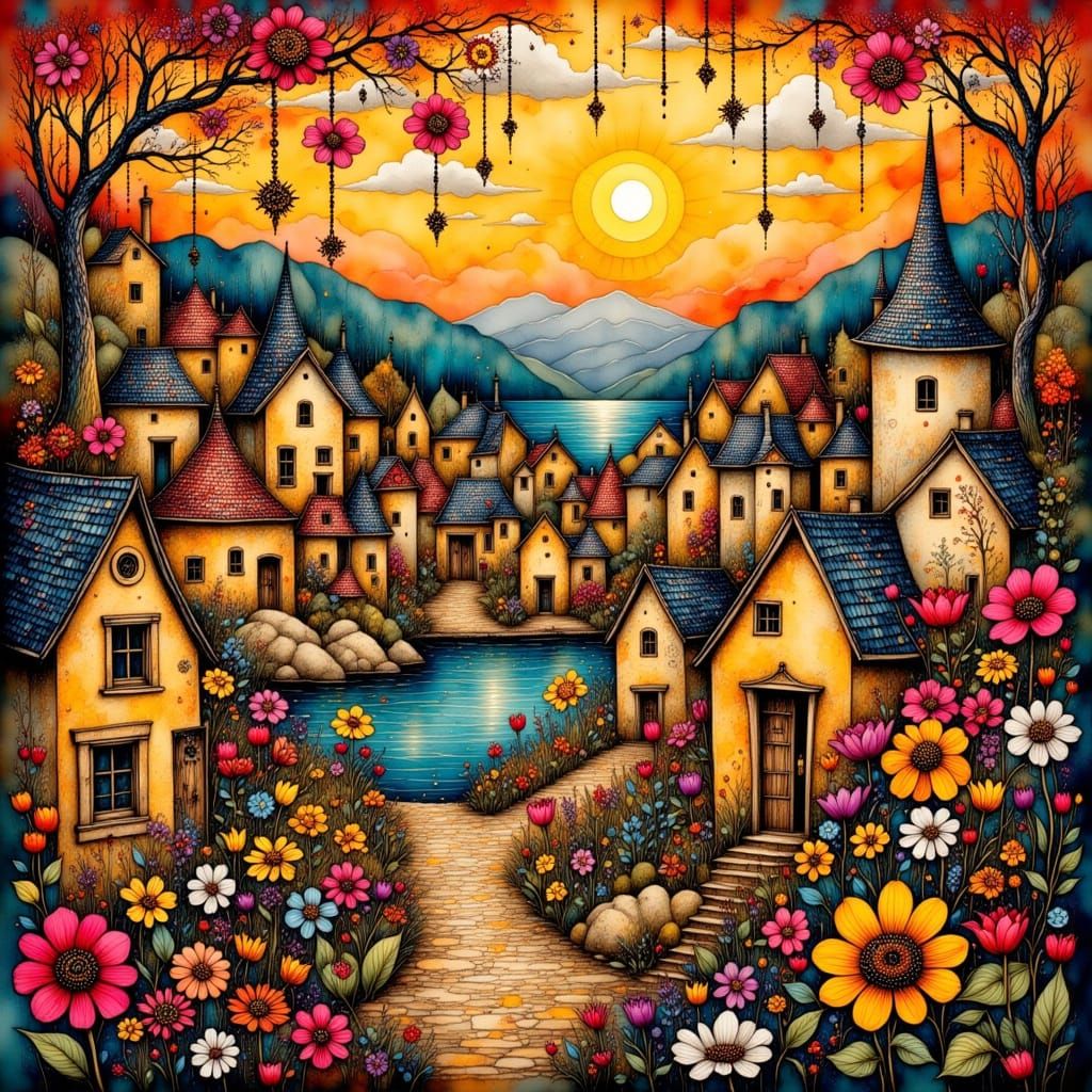 Whimsical Village Scene in Art Nouveau Style