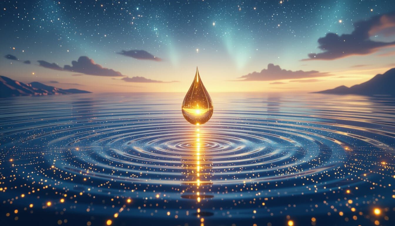 Golden Droplet Ripples on Indigo Pool in Cosmic Fantasy Art