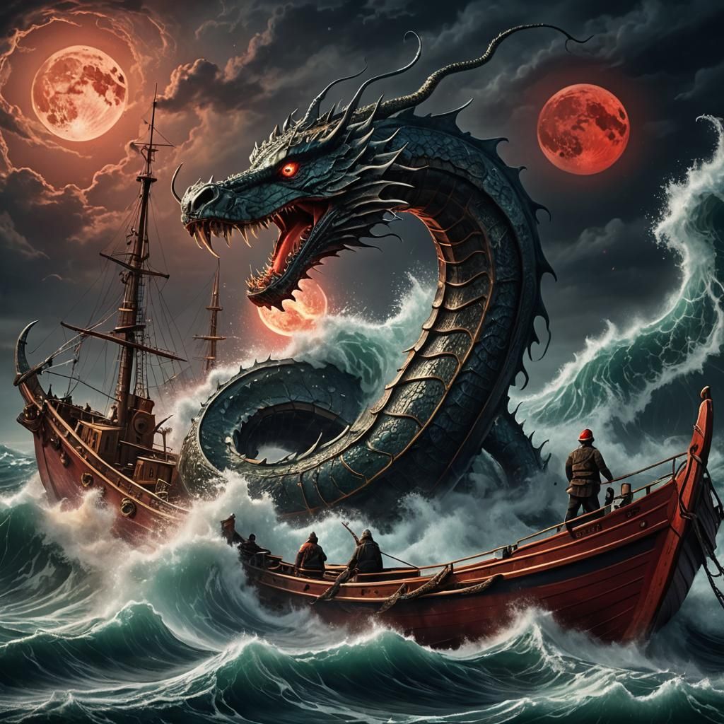 Sea Serpent Wraps Fishing Boat in Stormy Sea