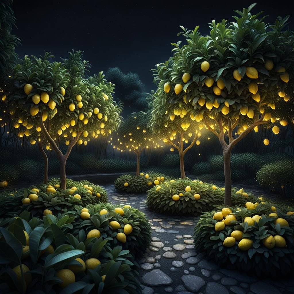 Hyperrealistic Lemon Trees in Dark Garden at Night