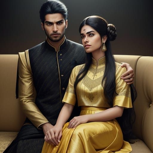 Elegant Indian Woman in Yellow Silk, Dramatic Lighting