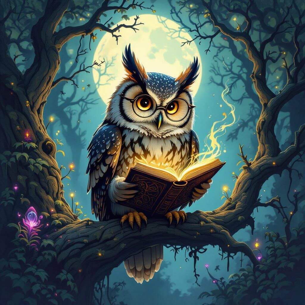 Wise Owl Reads Ancient Tome in Moonlit Mystical Forest