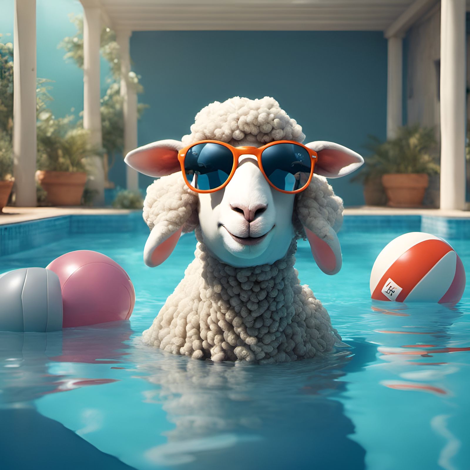 Sheep in Sunglasses in Swimming Pool