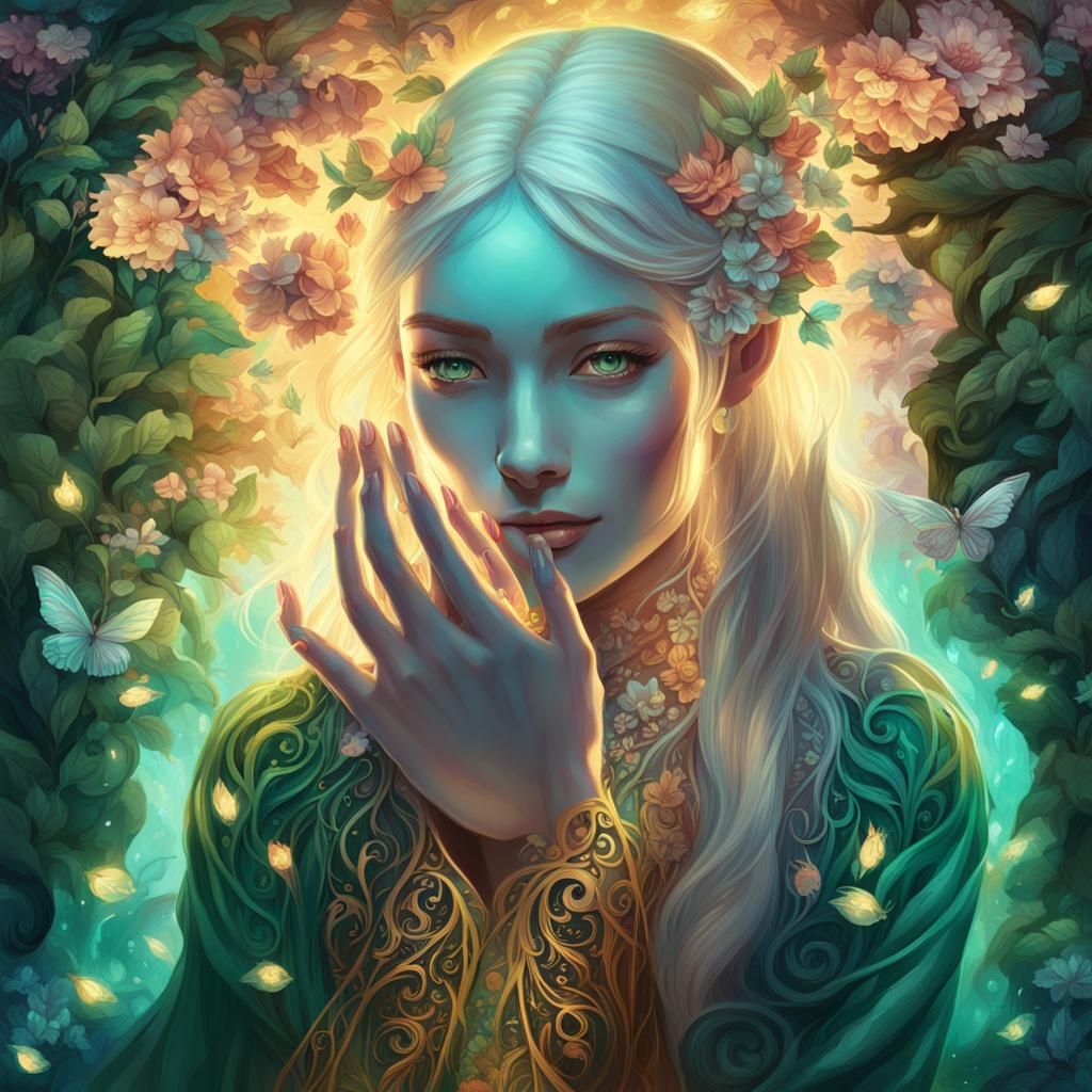 Mystical Forest: Smiling Figure in Vibrant Fantasy Art