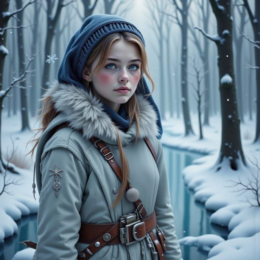 Frozen Winter Girl and Wolf in Snowy Landscape