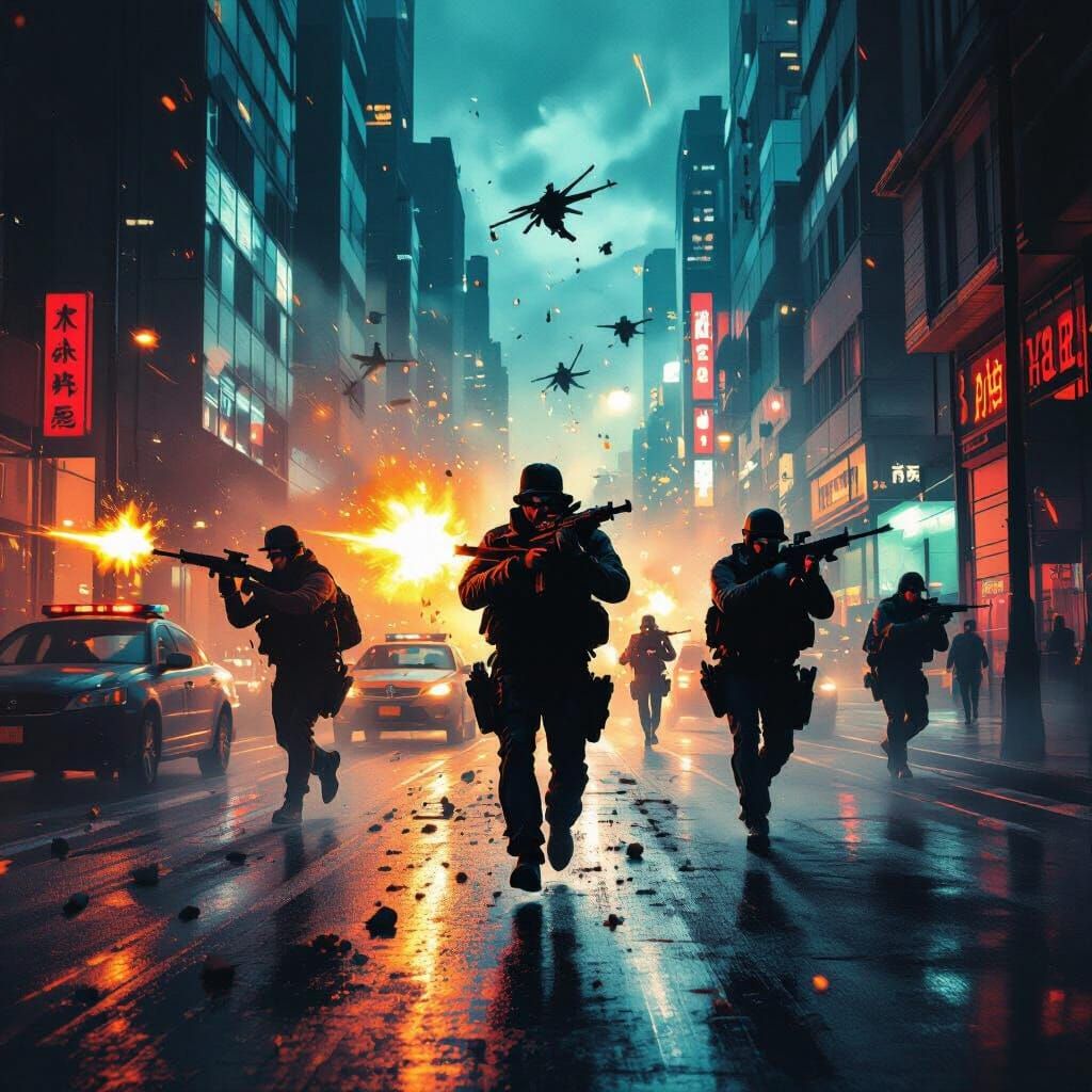 Dynamic Bank Heist Scene with Action and Drama