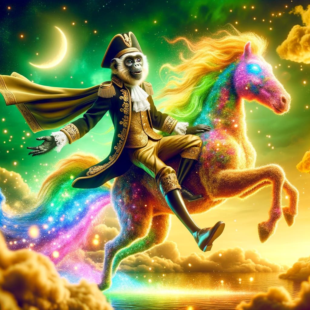 Majestic Leprechaun Gibbon Dances Amidst Sparkling Pegasus G...