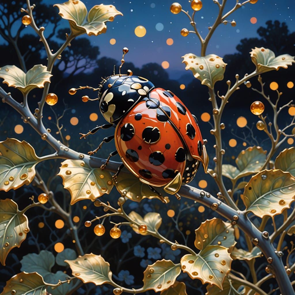 Surreal Ladybug with Bioluminescent Light, Watercolor Style