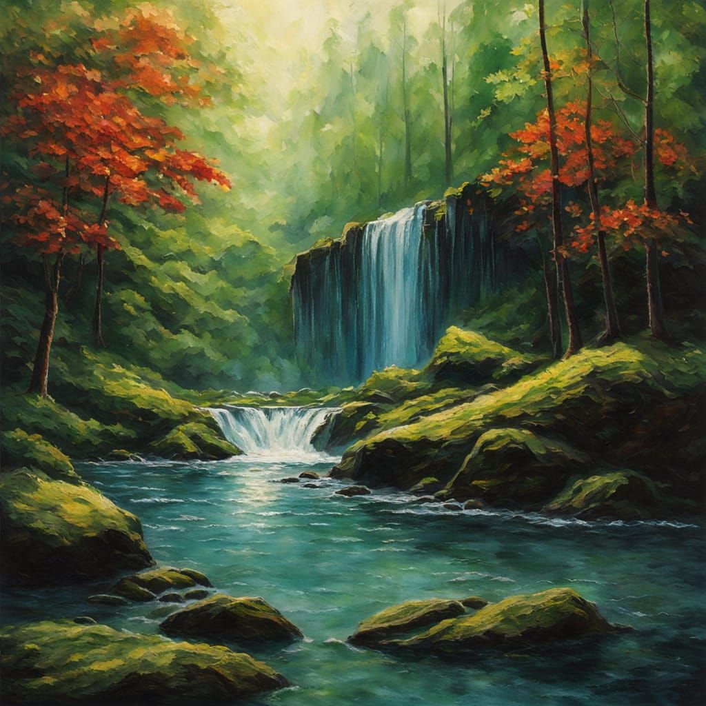 Impasto Oil Painting of Majestic Waterfall in Ethereal Fores...