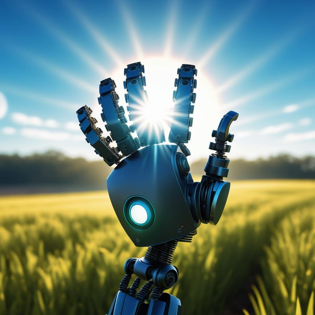 Springtime Robot Silhouette Rises Over Golden Fields
