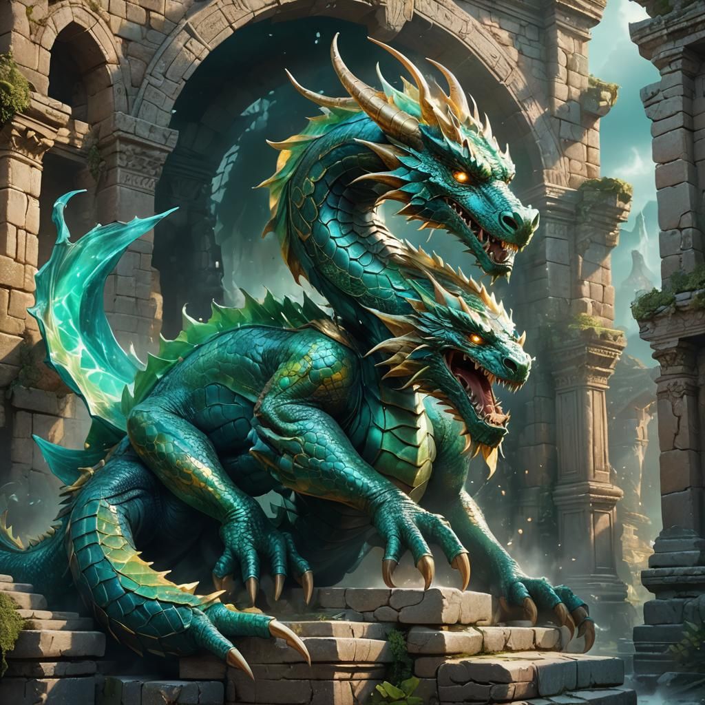 Dragon Wrapped in Ruins as Pointillism Art