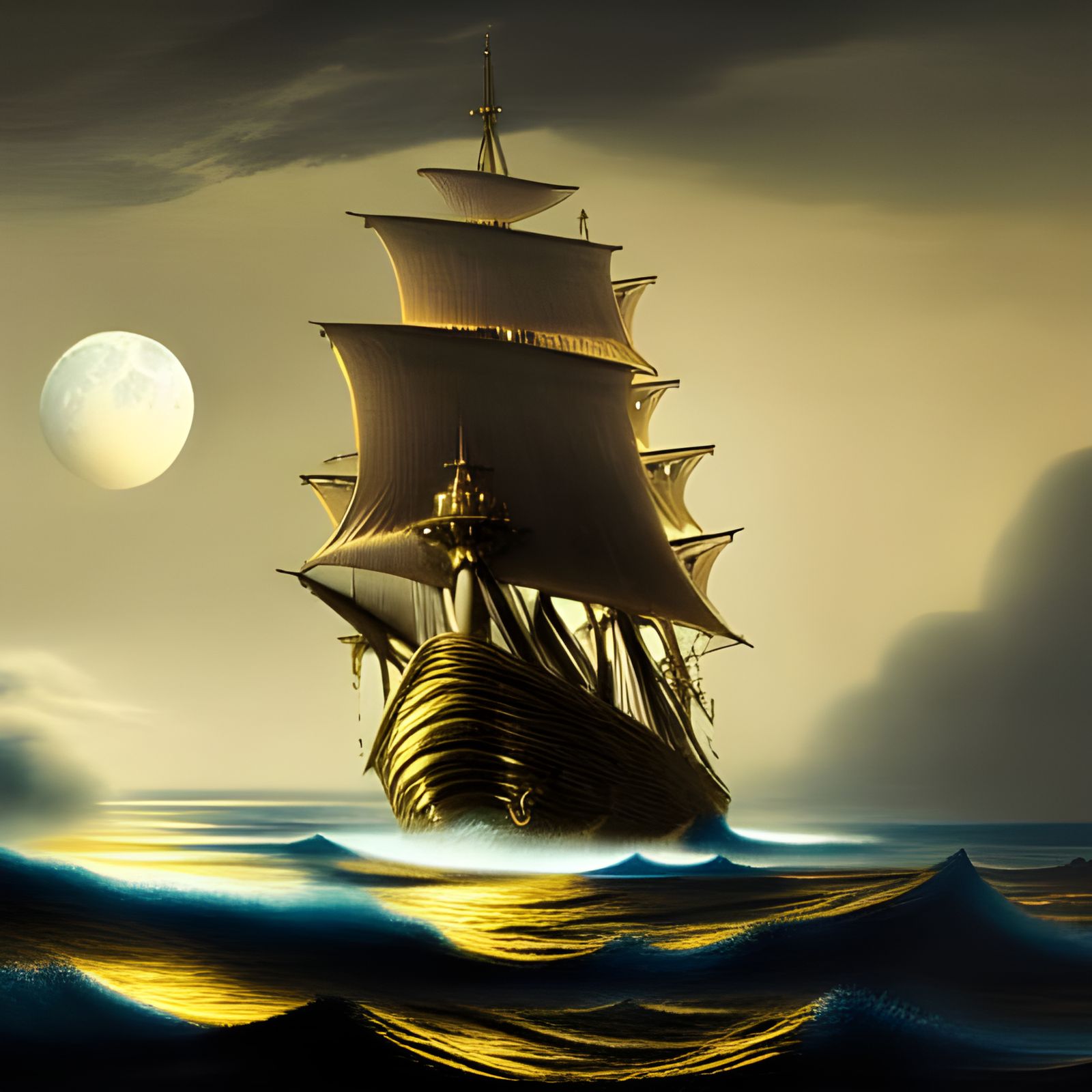 Golden Ship on Stormy Sea: Renaissance Digital Art