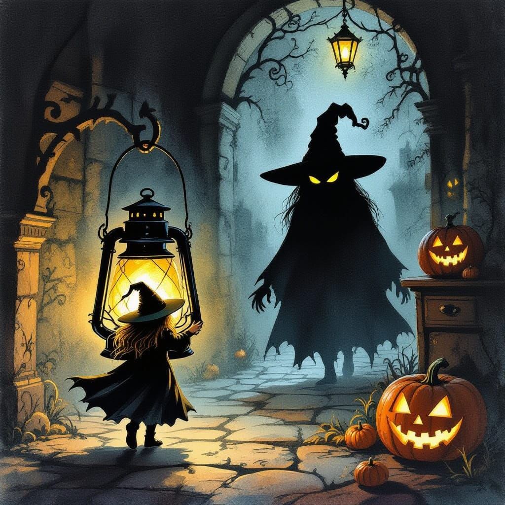 Tiny Witch Trapped in Lantern, Carried by Shadow