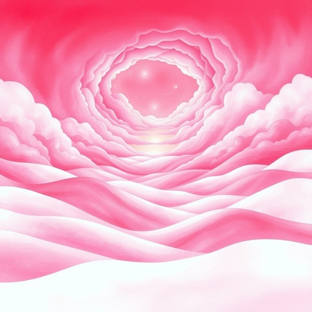 Surreal Pink Landscape of Mountains and Clouds