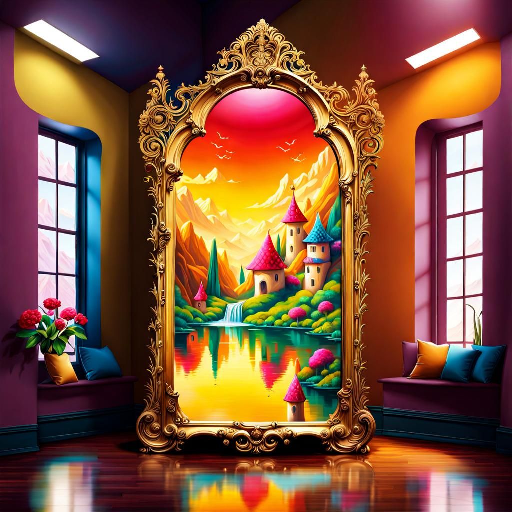 standing mirror showing little faeries village