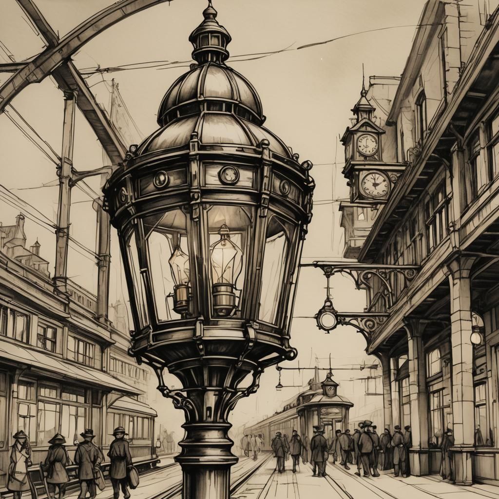 Steampunk Lantern in Train Station, Picasso Sketch