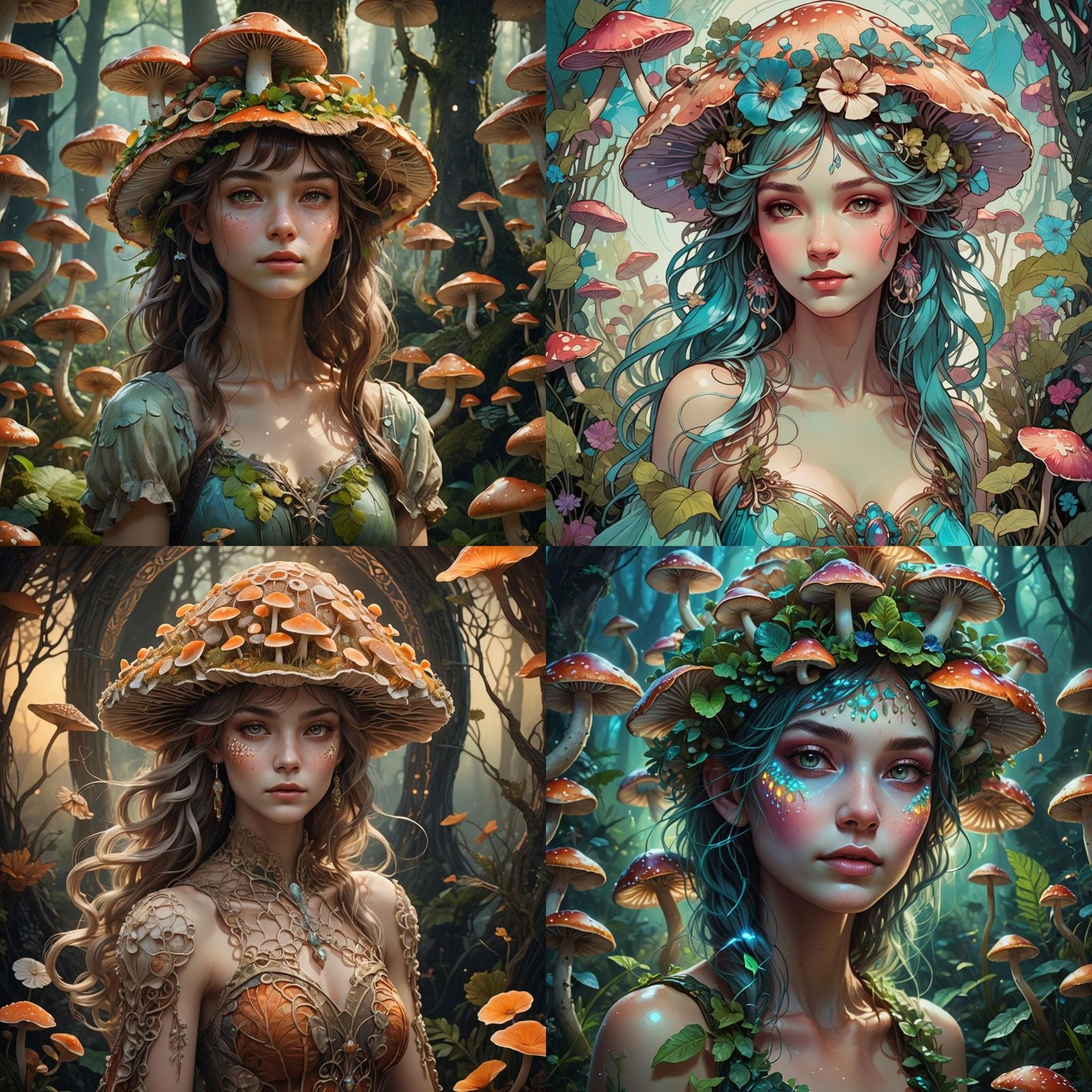 Mushroom Nymph Portrait in Art Nouveau Style