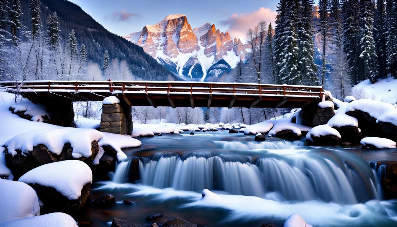 Winter Mountain Scene with River and Bridge