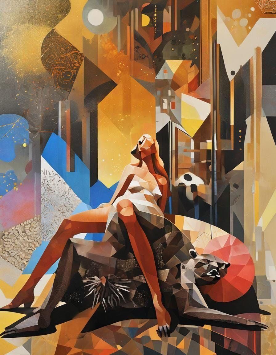 Reclining Figure in Geometric, Pointillist Oil Painting