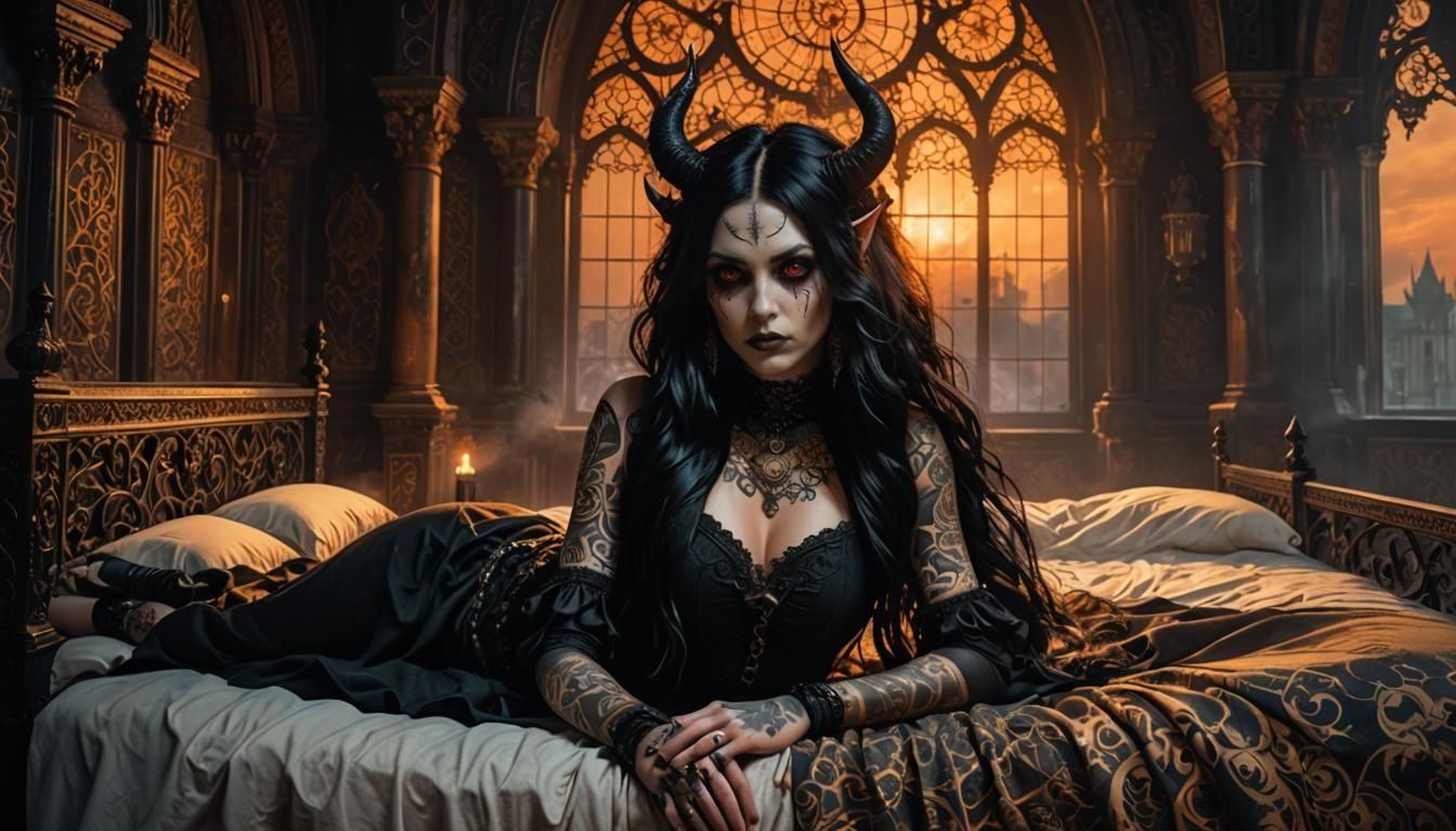 Evil Goth Girl with Tattoos in Dark Fantasy Style