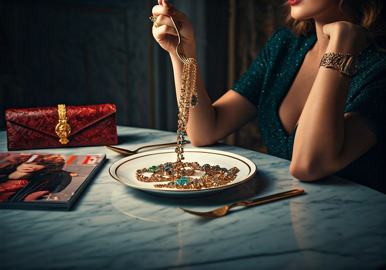 Glamorous Woman Dines on Jewels in Surreal Scene
